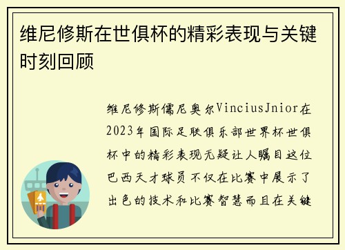维尼修斯在世俱杯的精彩表现与关键时刻回顾