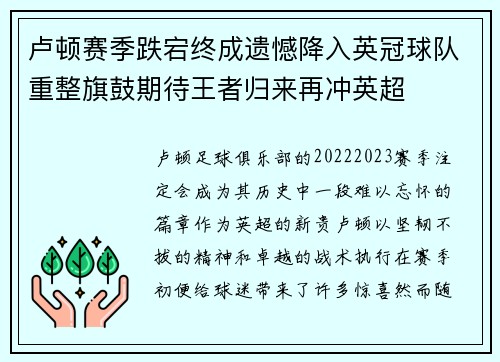 卢顿赛季跌宕终成遗憾降入英冠球队重整旗鼓期待王者归来再冲英超